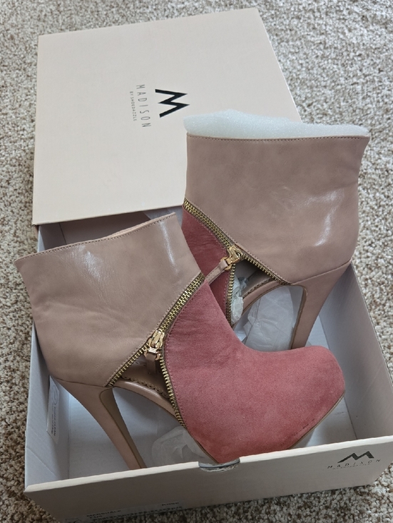 madison by shoe dazzle Shoes - Madison Park Two-Tone Pink Suede & Leather High Heel Ankle Booties